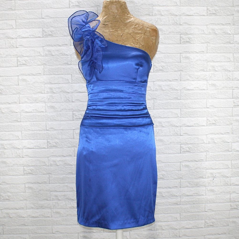 B. DARLIN Dress One Shoulder Cocktail Party  3D Floral Detail Blue Satin Small